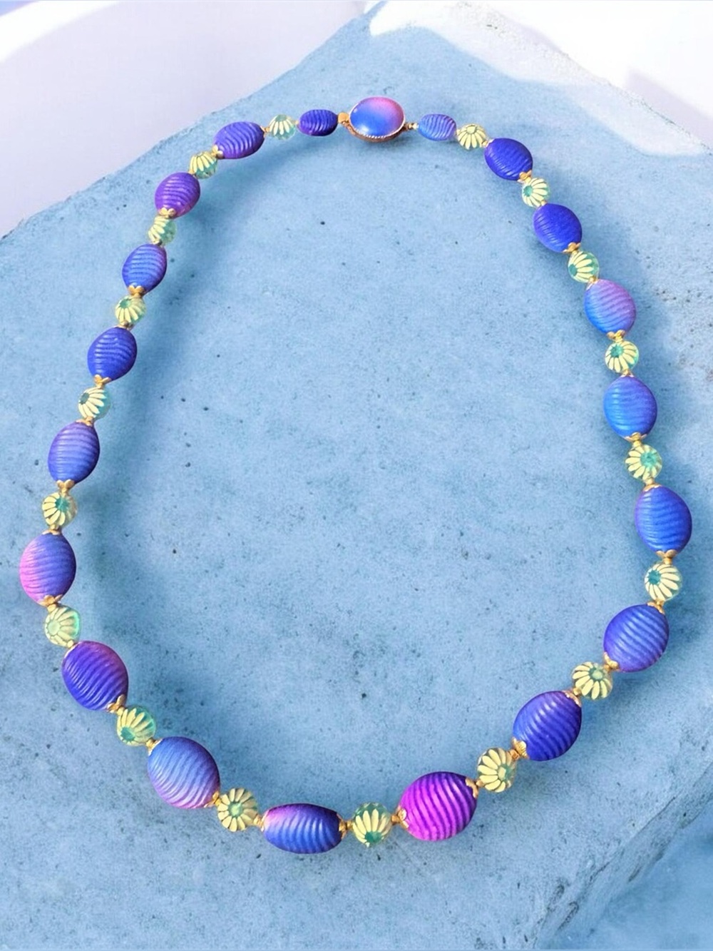 Vtg 60s Hong Kong Ombre Ribbed Lucite Bead Necklace Blue Purple Gradient Mod